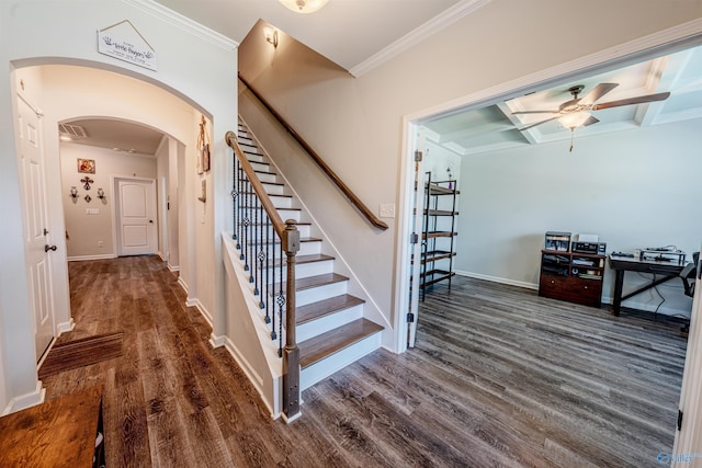 207 Jubilee Cir SE, Huntsville, AL 35803 - stairway featuring wood finished floors, a ceiling fan, crown molding, arched walkways, and beam ceiling