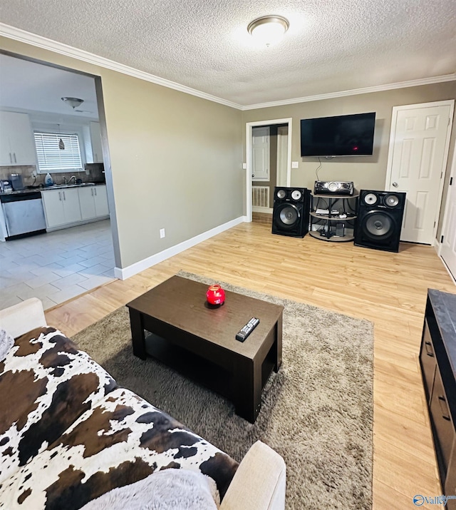 26 Prospect St, Town Creek, AL 35672 - living room with wood finished floors, visible vents, crown molding, baseboards, and a textured ceiling