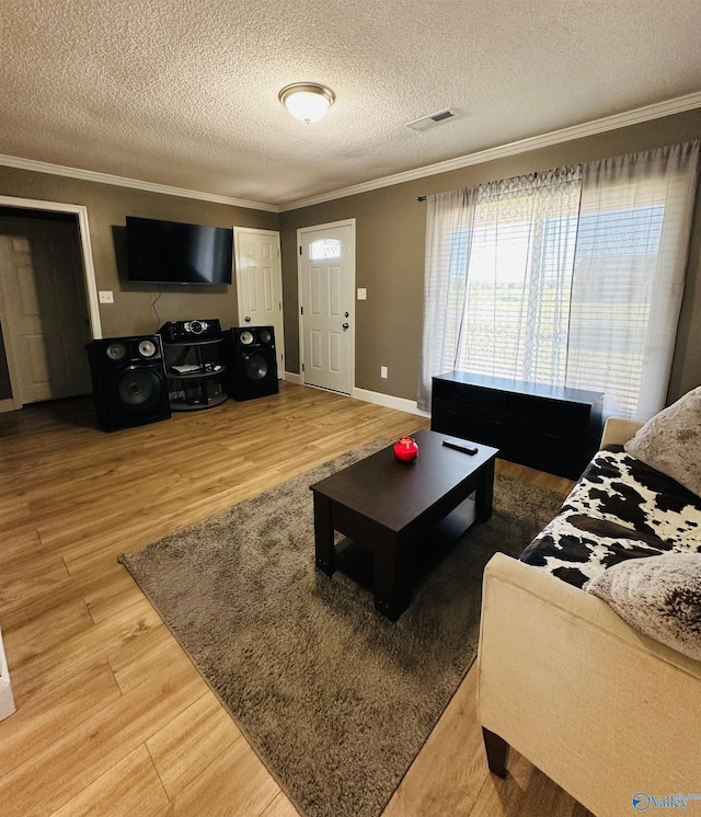 26 Prospect St, Town Creek, AL 35672 - living area featuring a textured ceiling, light wood-type flooring, visible vents, and crown molding