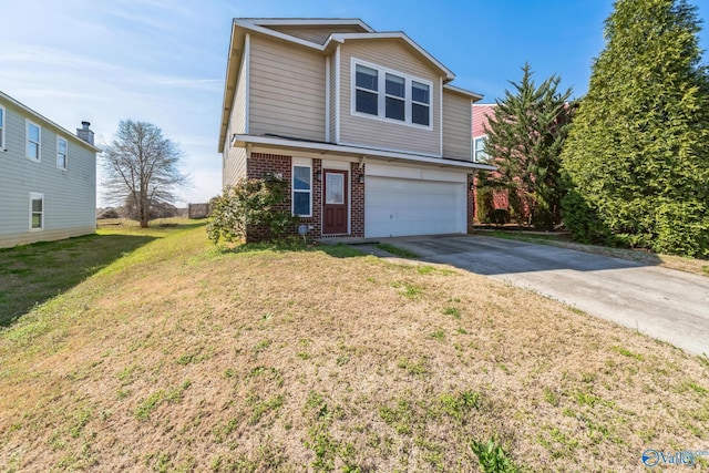 view of property with a garage and a front lawn