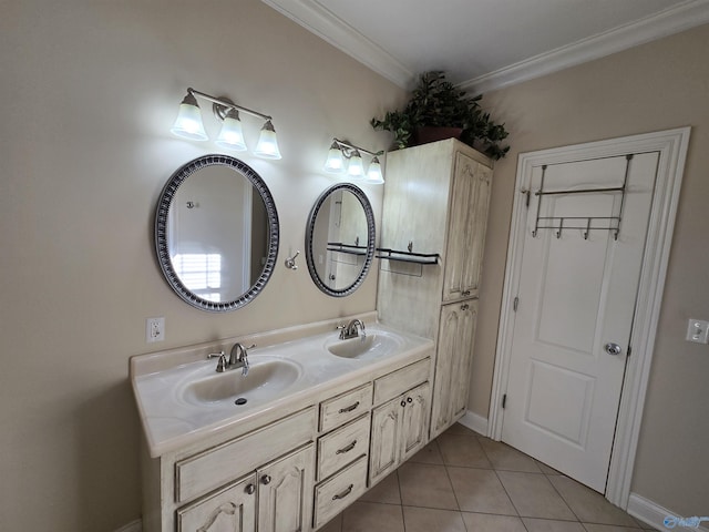 bathroom with tile patterned flooring, crown molding, and vanity