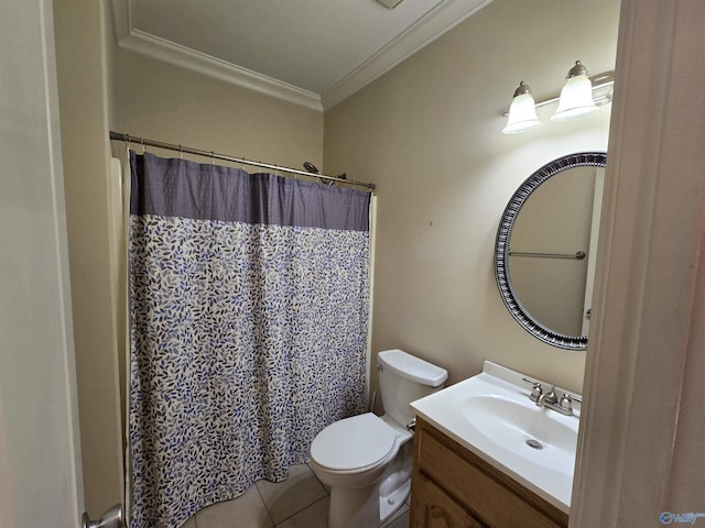 bathroom featuring crown molding, vanity, curtained shower, tile patterned floors, and toilet