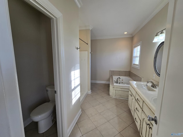 bathroom with toilet, ornamental molding, vanity, a bathing tub, and tile patterned flooring