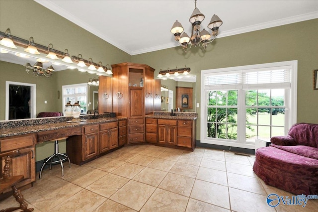 83 James Rd, Hartselle, AL 35640 - bathroom featuring a chandelier, crown molding, tile patterned flooring, and vanity