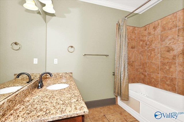 83 James Rd, Hartselle, AL 35640 - full bath with vanity, crown molding, shower / tub combo with curtain, and tile patterned floors