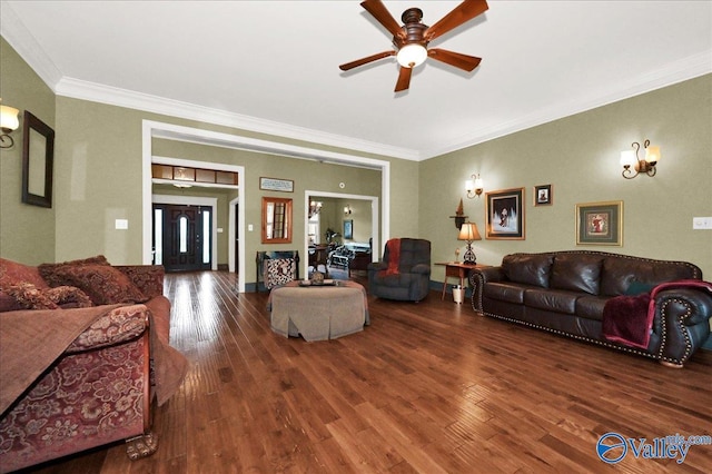 83 James Rd, Hartselle, AL 35640 - living room with wood finished floors, a ceiling fan, and crown molding