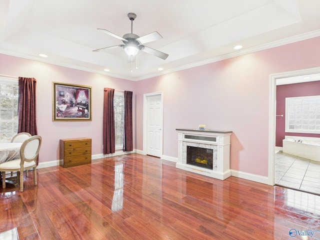 living room featuring a raised ceiling, a high end fireplace, and baseboards