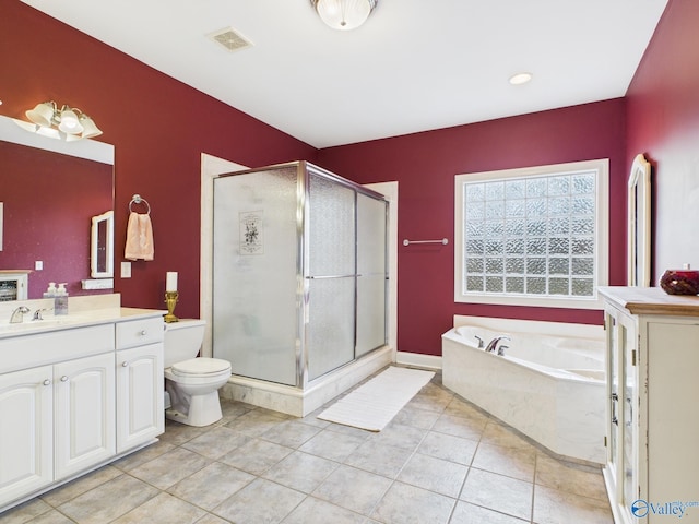 full bath with toilet, a stall shower, vanity, and visible vents