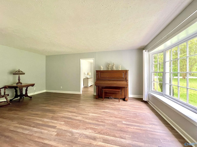 sitting room with a textured ceiling, wood finished floors, and baseboards