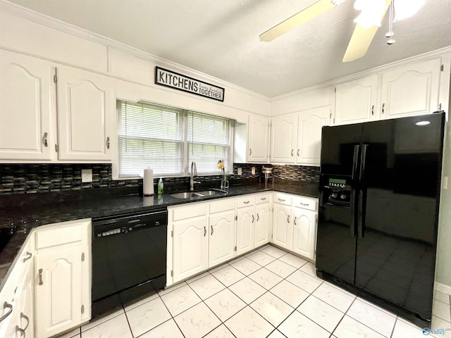 kitchen featuring a sink, tasteful backsplash, black appliances, crown molding, and white cabinetry