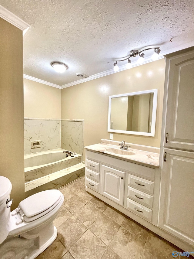 bathroom featuring toilet, vanity, a textured ceiling, crown molding, and a garden tub