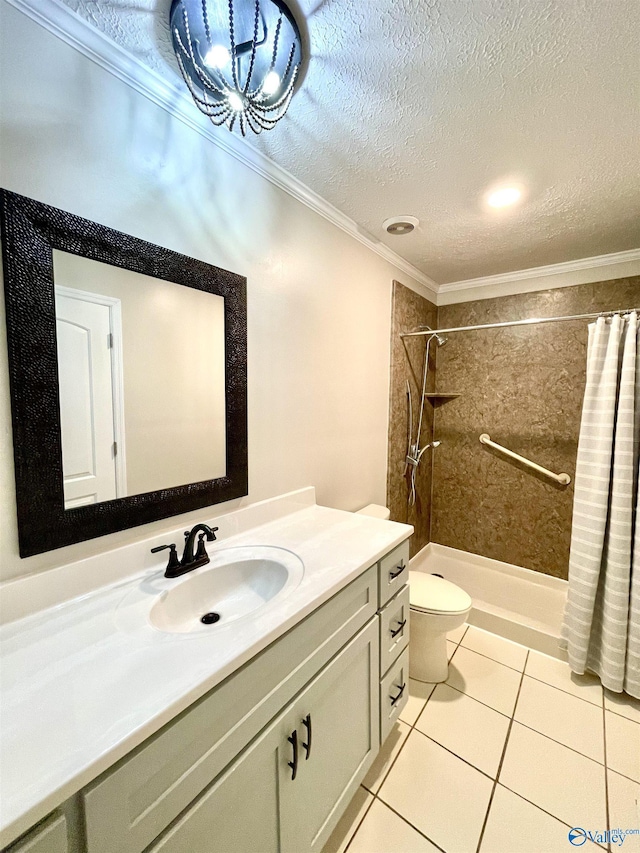bathroom with toilet, ornamental molding, curtained shower, tile patterned flooring, and vanity