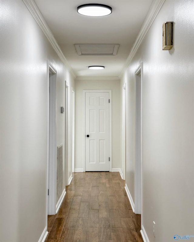 hallway featuring wood-type flooring and crown molding