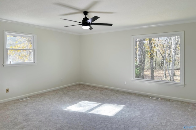 unfurnished room featuring carpet flooring, crown molding, and ceiling fan