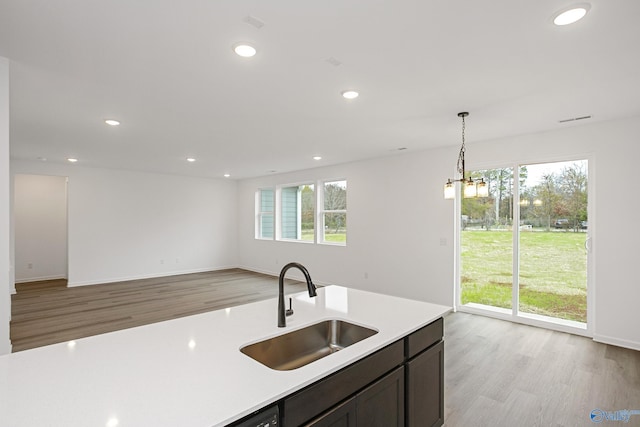 kitchen featuring pendant lighting, sink, a wealth of natural light, and light hardwood / wood-style floors