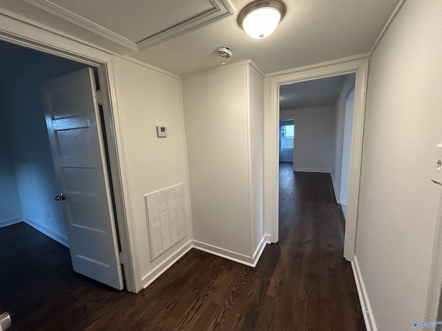 hall featuring ornamental molding and dark wood-type flooring