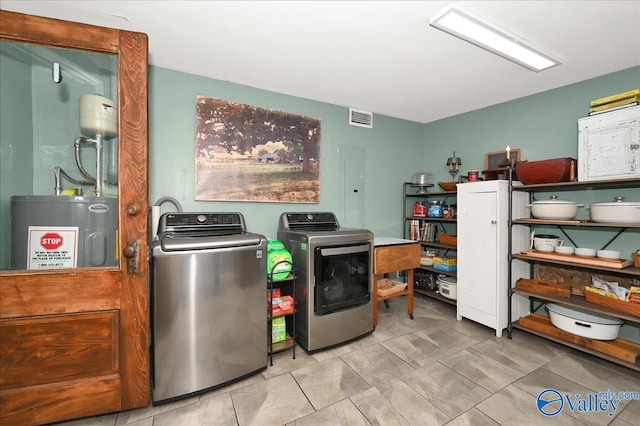 laundry room with electric water heater and washing machine and clothes dryer
