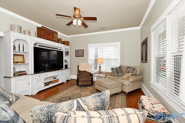 living room featuring ceiling fan, dark hardwood / wood-style floors, and ornamental molding