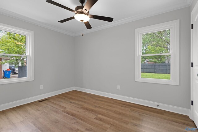 spare room with healthy amount of natural light, crown molding, light wood-style flooring, and baseboards