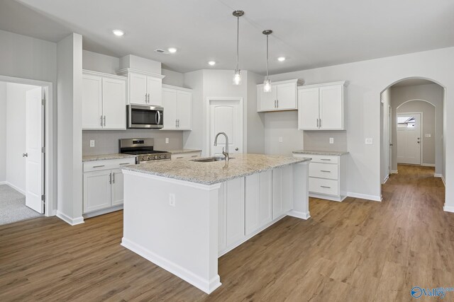 177 Pennington Ave, Huntsville, AL 35811 - kitchen with stainless steel appliances, arched walkways, white cabinets, light wood-style floors, and a kitchen island with sink