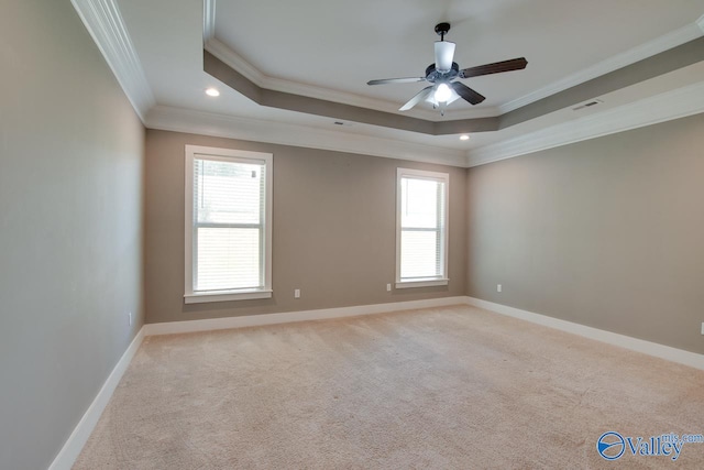 carpeted spare room featuring ceiling fan, crown molding, and a tray ceiling