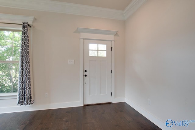 entrance foyer with dark wood-type flooring and crown molding