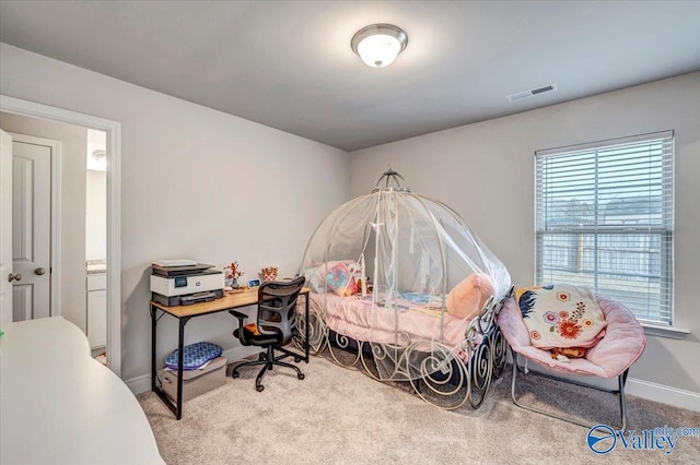 bedroom featuring visible vents, baseboards, and carpet floors