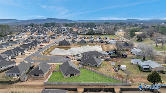 drone / aerial view featuring a mountain view and a residential view