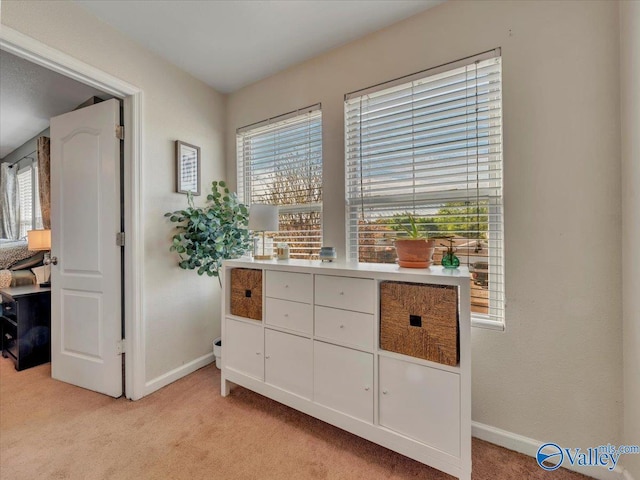 interior space featuring light carpet and baseboards