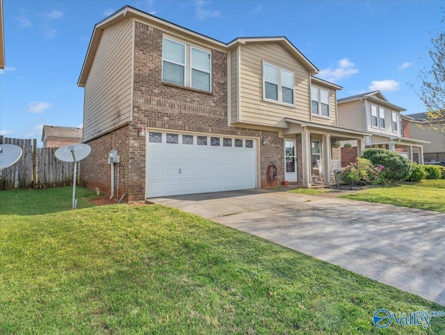 view of front of property featuring a front yard, fence, brick siding, an attached garage, and concrete driveway