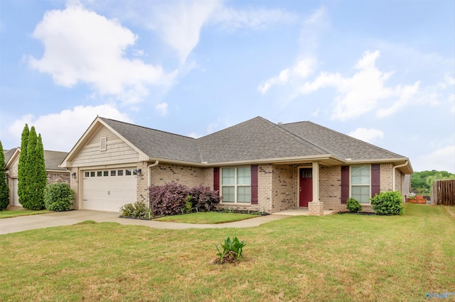 ranch-style house featuring brick siding, an attached garage, and driveway