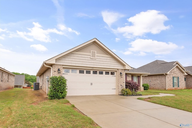 single story home featuring concrete driveway, an attached garage, cooling unit, and brick siding