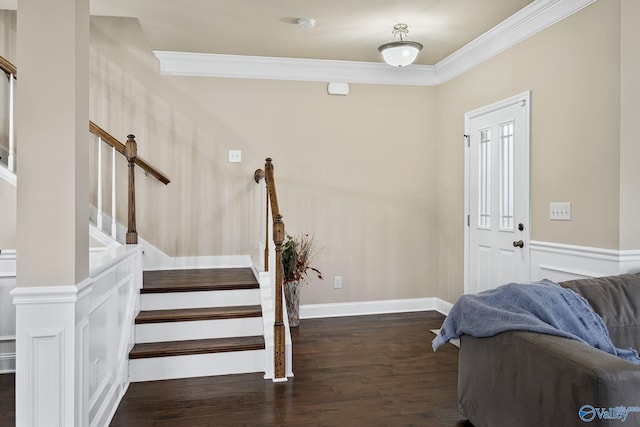 foyer entrance featuring crown molding and dark hardwood / wood-style flooring