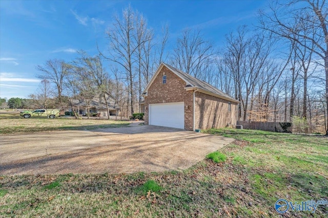 view of property exterior featuring brick siding, concrete driveway, a garage, and a lawn