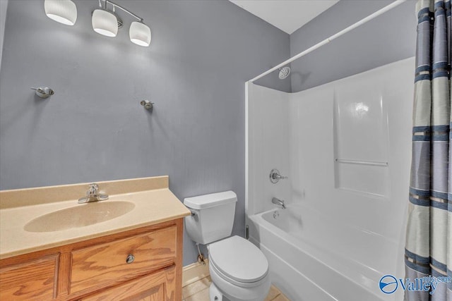 bathroom featuring toilet, shower / bathtub combination with curtain, and vanity