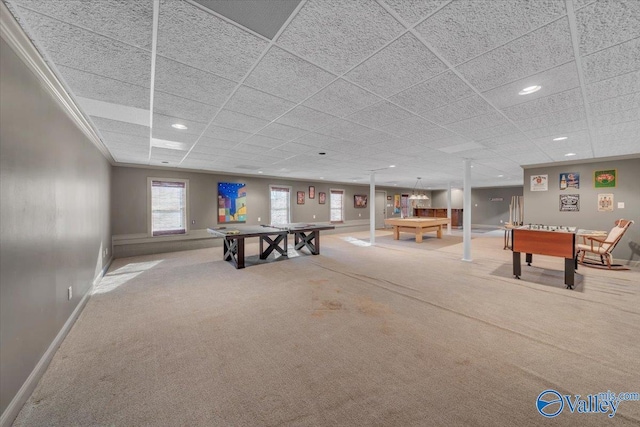 playroom with carpet, pool table, baseboards, recessed lighting, and a paneled ceiling