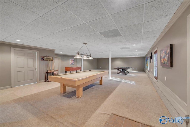 game room featuring crown molding, carpet, baseboards, recessed lighting, and pool table