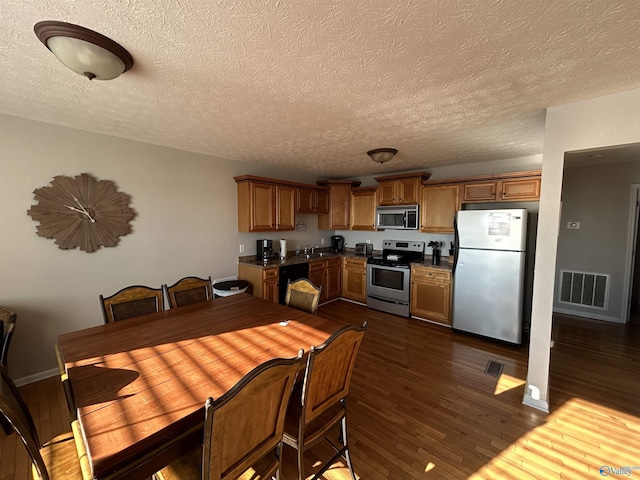 kitchen with sink, dark hardwood / wood-style floors, a textured ceiling, and appliances with stainless steel finishes