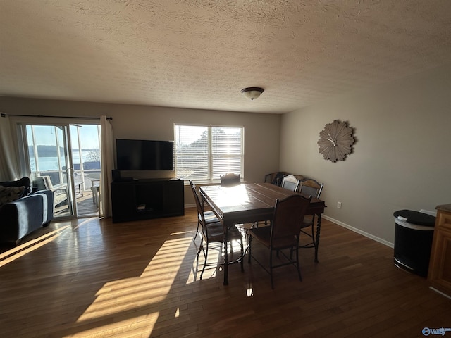 dining room featuring plenty of natural light, dark hardwood / wood-style floors, and a textured ceiling