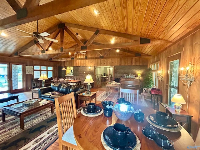 dining area with lofted ceiling with beams, wood walls, wood ceiling, and ceiling fan