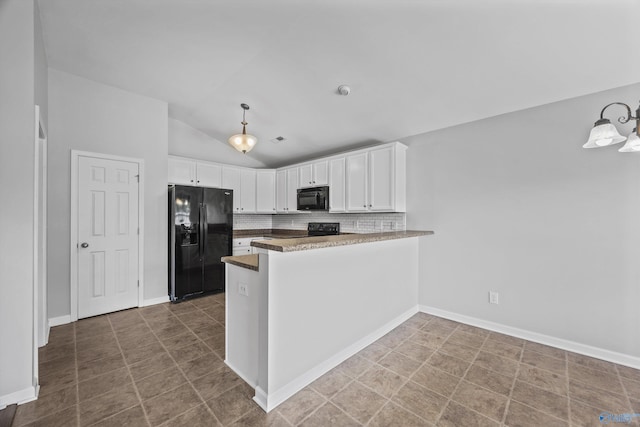377 Robinson Rd, Huntsville, AL 35811 - kitchen featuring black appliances, vaulted ceiling, white cabinetry, a peninsula, and backsplash