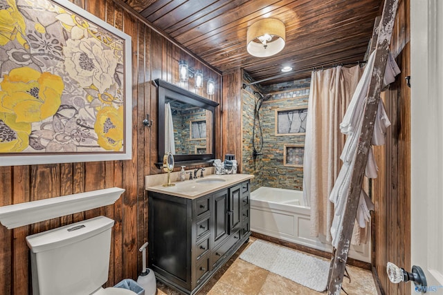 full bathroom with wood walls, wood ceiling, toilet, vanity, and shower / tub combo with curtain