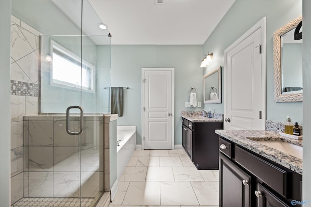 bathroom with a sink, marble finish floor, two vanities, a shower stall, and a bath