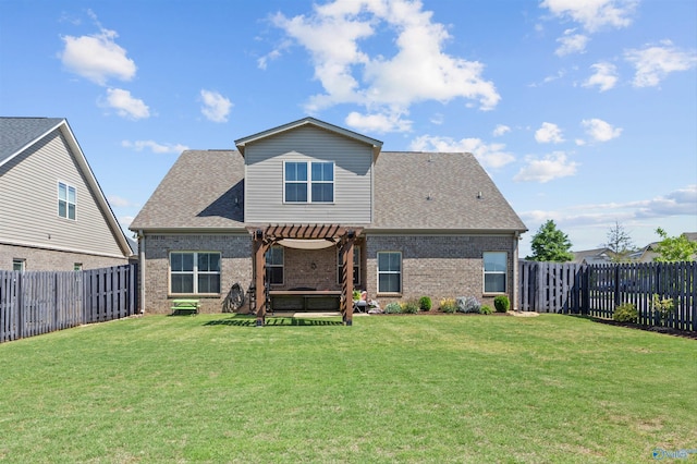 back of house featuring a fenced backyard, a pergola, a lawn, and brick siding