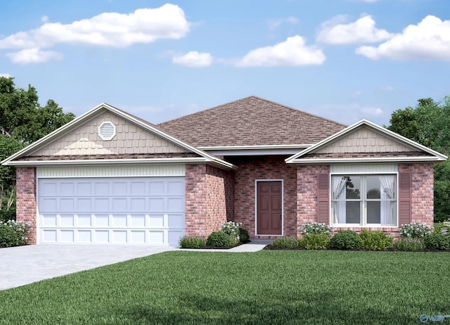 ranch-style house with a garage, concrete driveway, brick siding, and a front lawn