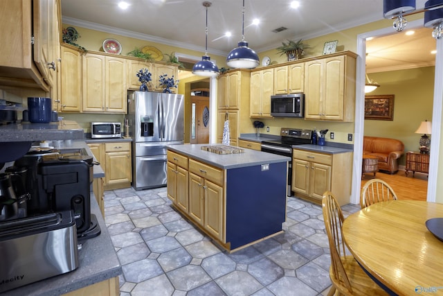 kitchen with appliances with stainless steel finishes, crown molding, a kitchen island, light brown cabinets, and dark countertops