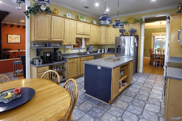 kitchen featuring a sink, crown molding, a kitchen island, appliances with stainless steel finishes, and open shelves