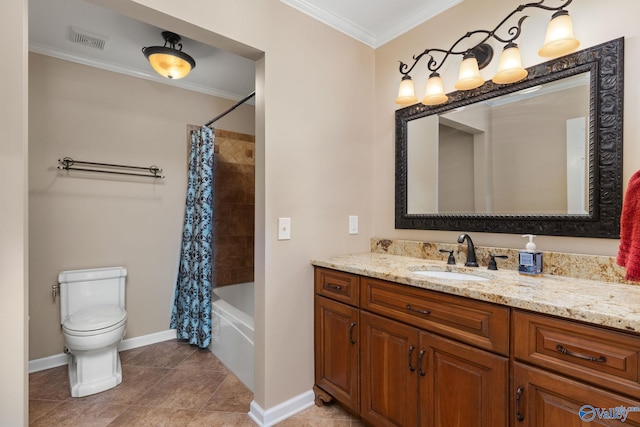 bathroom featuring tile patterned floors, visible vents, toilet, crown molding, and vanity