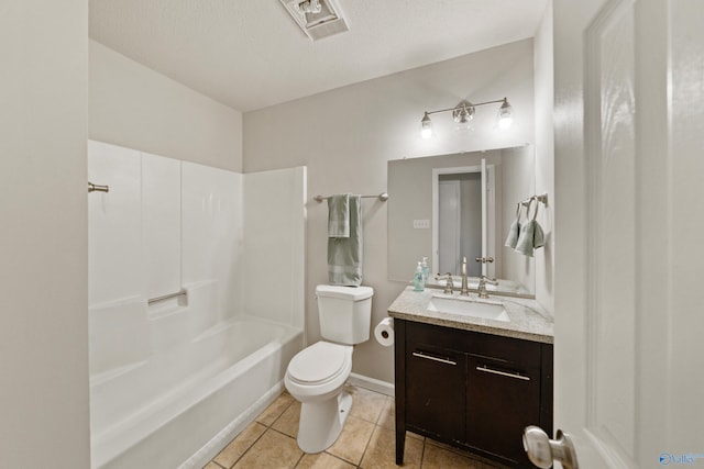 full bathroom with vanity, shower / bathtub combination, toilet, baseboards, and tile patterned floors