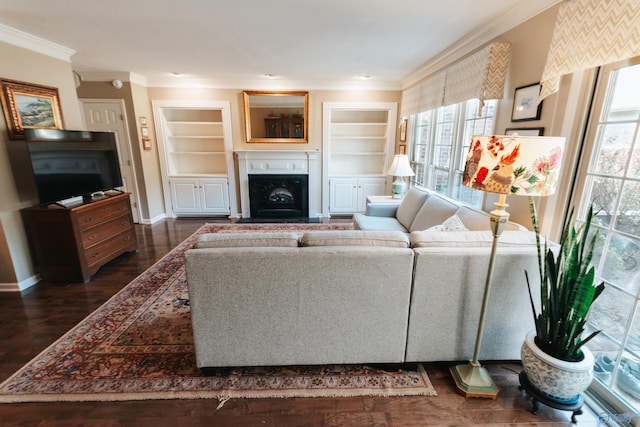 235 Inverness Dr Unit 235, Huntsville, AL 35802 - living room featuring dark wood-style floors, a fireplace, crown molding, and baseboards